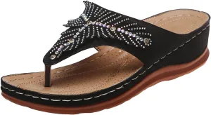 SuanlaTDS Women's Wedge Sandals Platform Comfortable Flip Flops Rhinestone Open Toe Thong Arch Support Comfort Beach Boho Slip On Orthopedic Sandals Elegant High Heels Dress Party Shoes