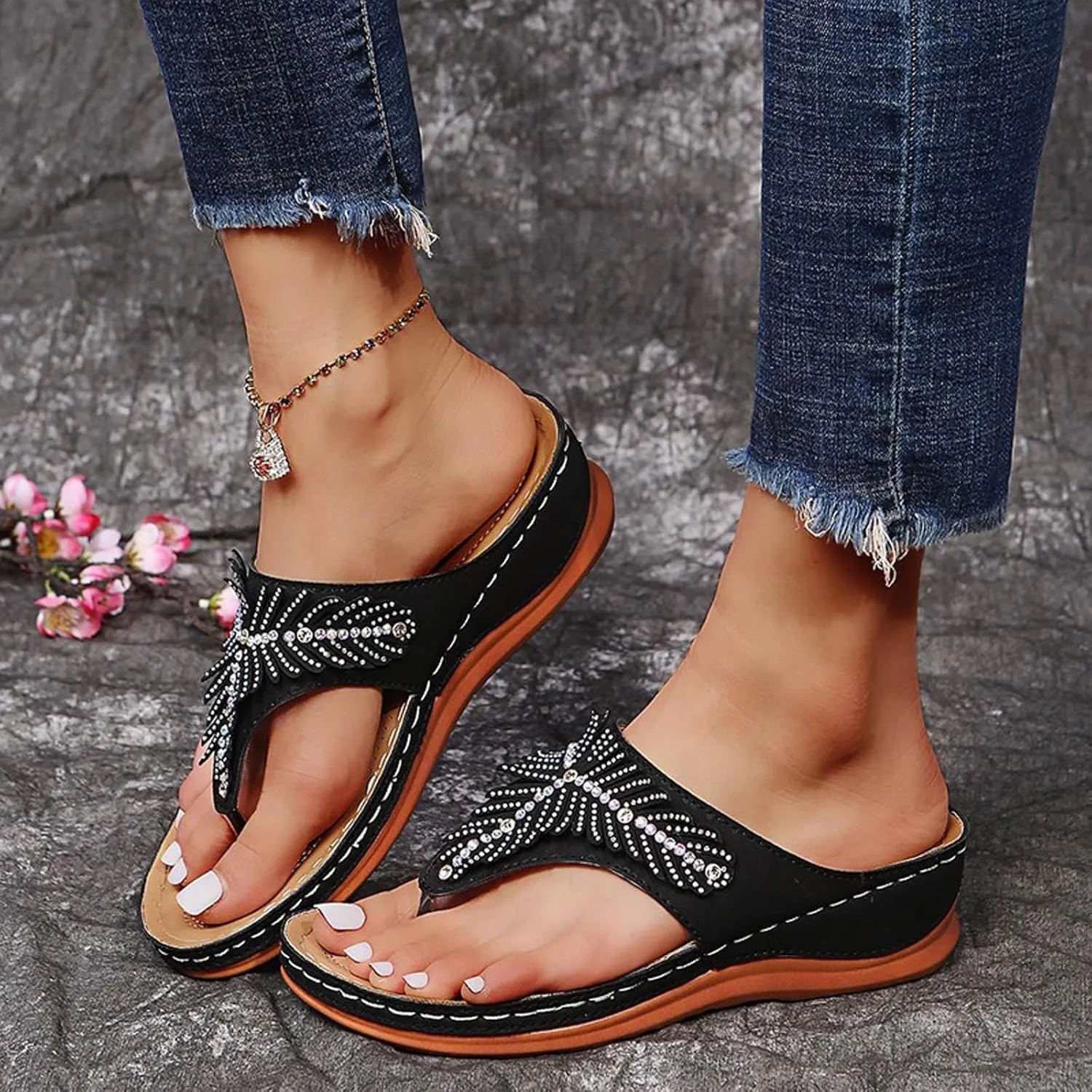 SuanlaTDS Women's Wedge Sandals Platform Comfortable Flip Flops Rhinestone Open Toe Thong Arch Support Comfort Beach Boho Slip On Orthopedic Sandals Elegant High Heels Dress Party Shoes