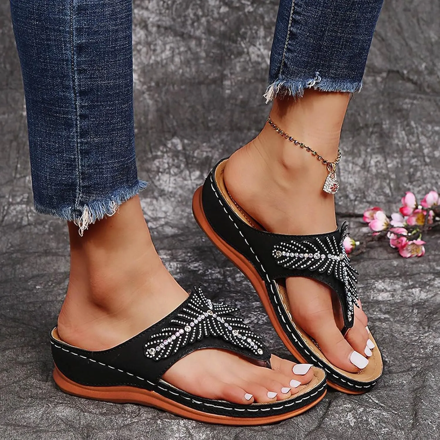 SuanlaTDS Women's Wedge Sandals Platform Comfortable Flip Flops Rhinestone Open Toe Thong Arch Support Comfort Beach Boho Slip On Orthopedic Sandals Elegant High Heels Dress Party Shoes