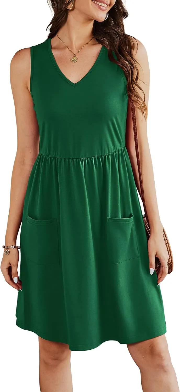 Summer Casual Midi Dresses for Women 2025 Vacation- Womens Sleeveless Knee Length Sundress with Pockets Loose Fit