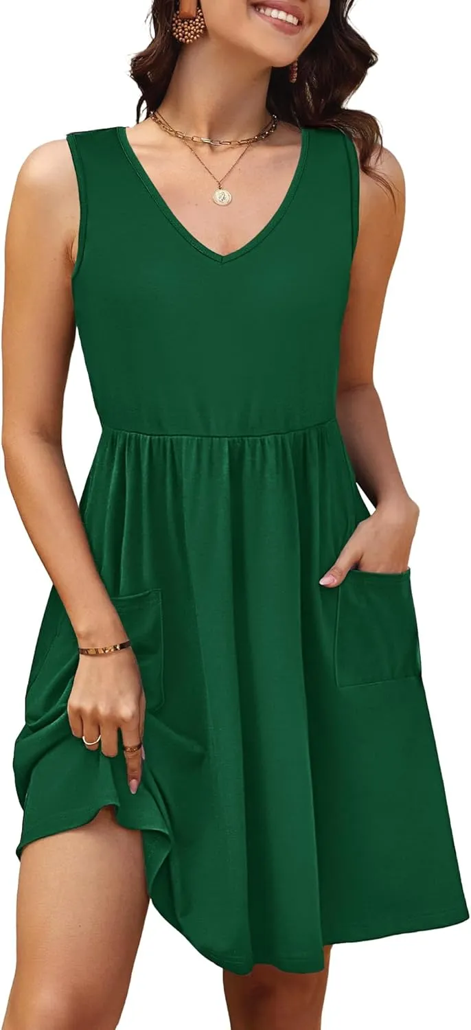 Summer Casual Midi Dresses for Women 2025 Vacation- Womens Sleeveless Knee Length Sundress with Pockets Loose Fit