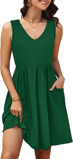 Summer Casual Midi Dresses for Women 2025 Vacation- Womens Sleeveless Knee Length Sundress with Pockets Loose Fit