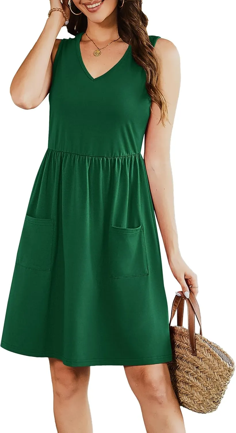 Summer Casual Midi Dresses for Women 2025 Vacation- Womens Sleeveless Knee Length Sundress with Pockets Loose Fit