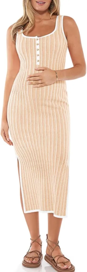 Summer Maternity Dress Rib Knit Sleeveless Button Bodycon Nursing Dresses Side Slit Stretchy Pregnancy Clothes