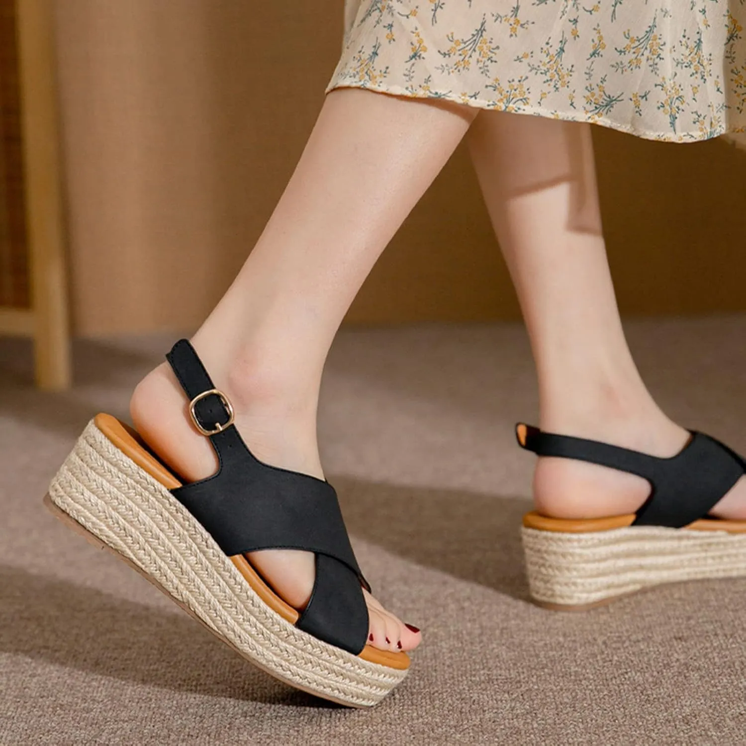 Summer Platform Sandals for Women Fashion Casual Cross Straps Buckle Slingback Espadrille Wedge Sandals Soild Comfortable Outdoor Ladies Shoes
