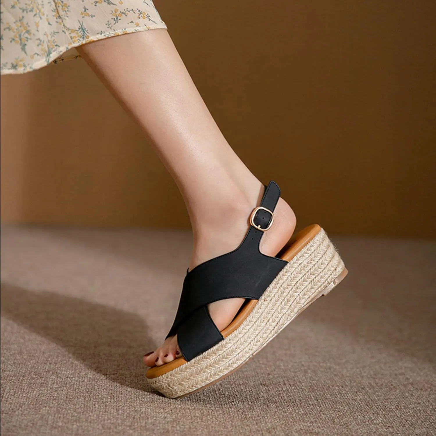 Summer Platform Sandals for Women Fashion Casual Cross Straps Buckle Slingback Espadrille Wedge Sandals Soild Comfortable Outdoor Ladies Shoes