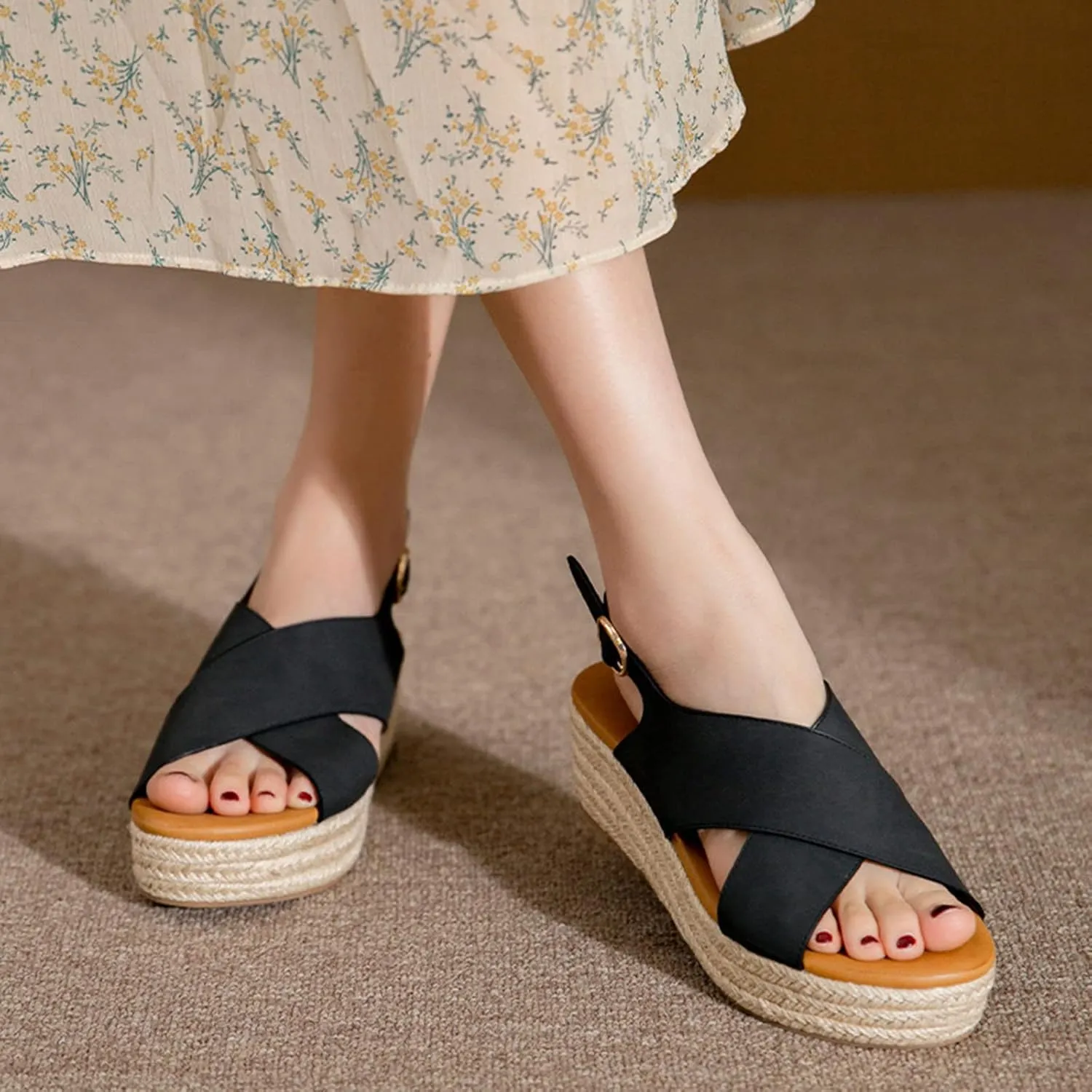 Summer Platform Sandals for Women Fashion Casual Cross Straps Buckle Slingback Espadrille Wedge Sandals Soild Comfortable Outdoor Ladies Shoes