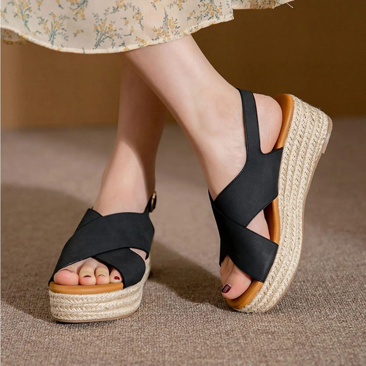 Summer Platform Sandals for Women Fashion Casual Cross Straps Buckle Slingback Espadrille Wedge Sandals Soild Comfortable Outdoor Ladies Shoes