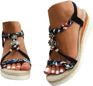 Summer Sandals for Women 2025 Boho,Roman Womens 2025 Low Wedge Heels Comfortable Sandal Espadrille Beach Open Toe Elastic Ankle Strap Walking Shoes Vintage Non Slip Casual Woven Sandals