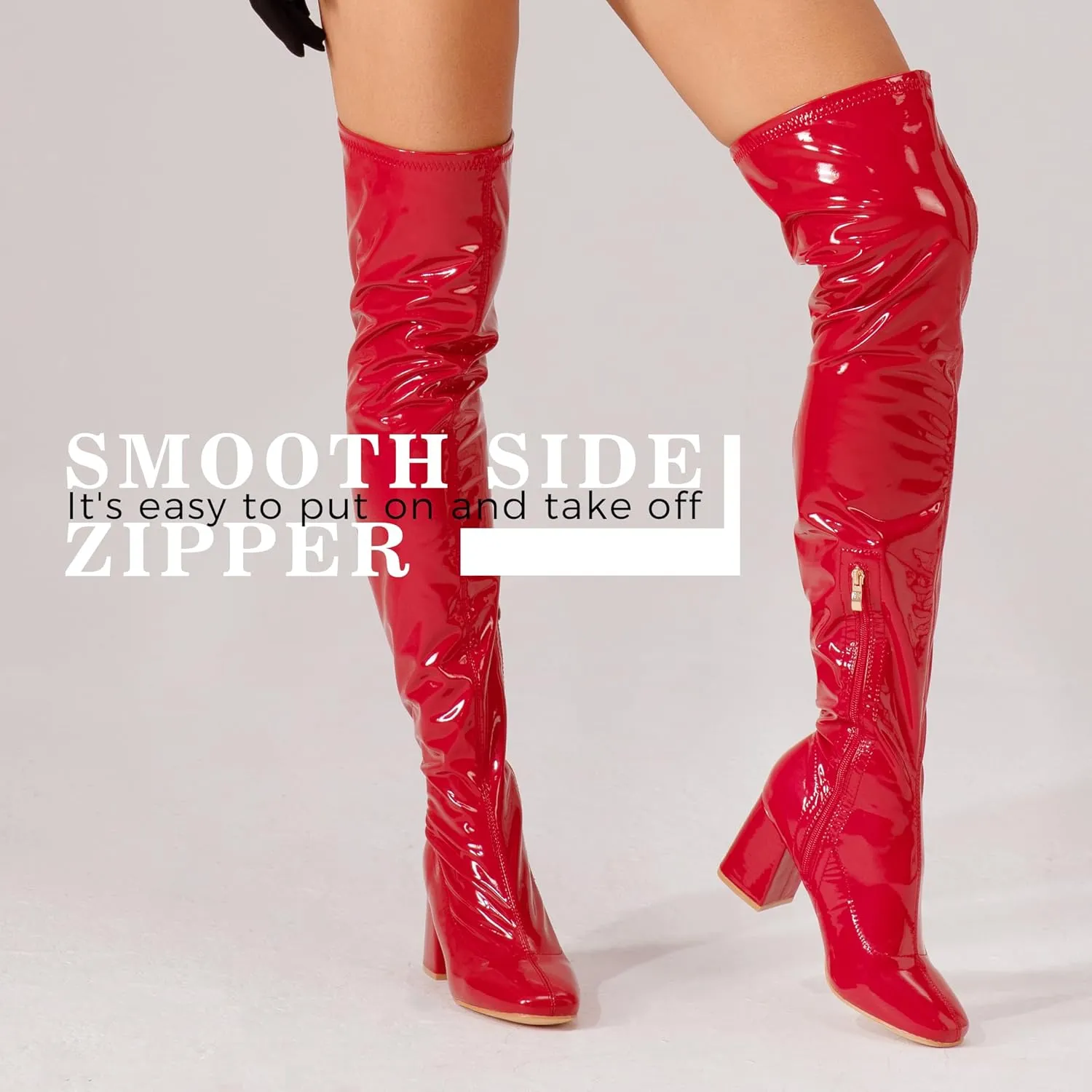 syztsho Thigh High Boots for Women Patent Leather PU Chunky Heel Over The Knee Boot Sexy Square Toe Side Zipper GOGO Boots