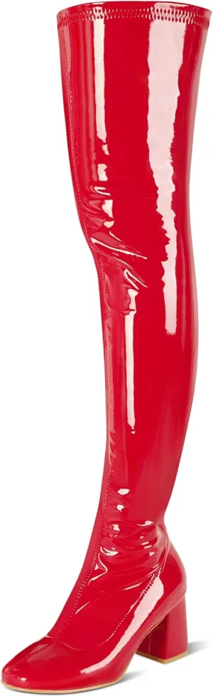 syztsho Thigh High Boots for Women Patent Leather PU Chunky Heel Over The Knee Boot Sexy Square Toe Side Zipper GOGO Boots
