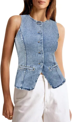 Tankaneo Womens Button Down Denim Vest Tops Sleeveless Fitted Jean Tank Tops Summer Trendy Casual Waistcoat