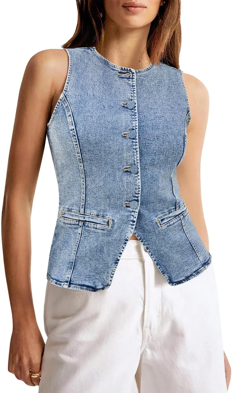 Tankaneo Womens Button Down Denim Vest Tops Sleeveless Fitted Jean Tank Tops Summer Trendy Casual Waistcoat