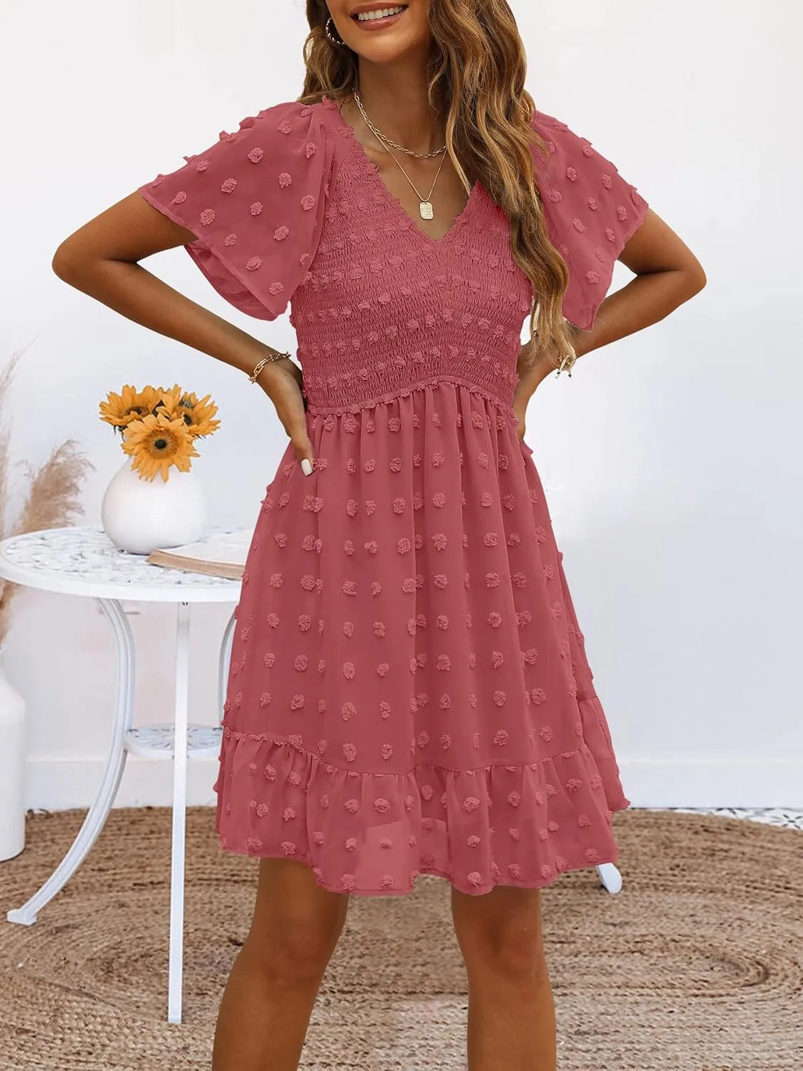 TECREW Womens Smocked Short Sleeve V Neck Mini Dress Summer Swiss Dot Flowy Short Dress