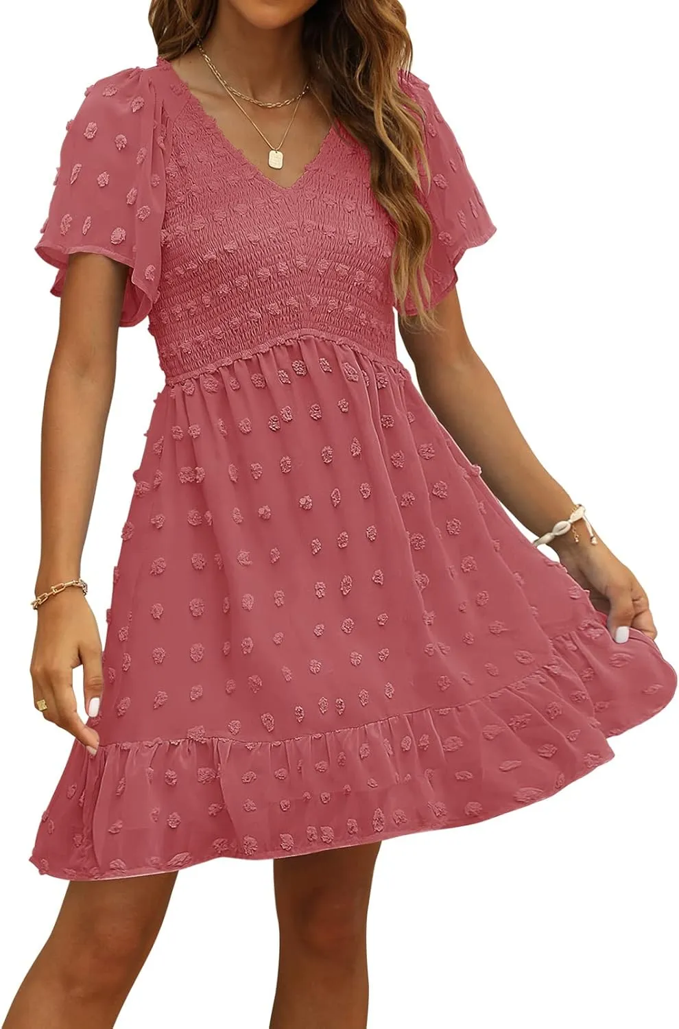 TECREW Womens Smocked Short Sleeve V Neck Mini Dress Summer Swiss Dot Flowy Short Dress