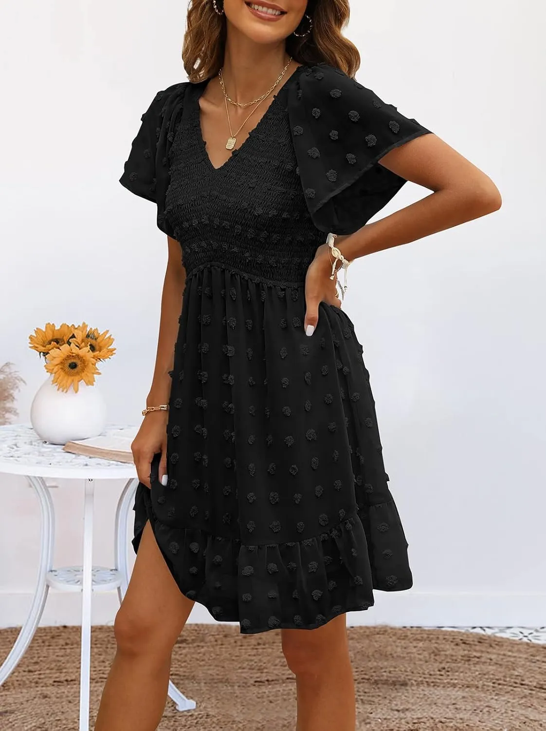 TECREW Womens Smocked Short Sleeve V Neck Mini Dress Summer Swiss Dot Flowy Short Dress