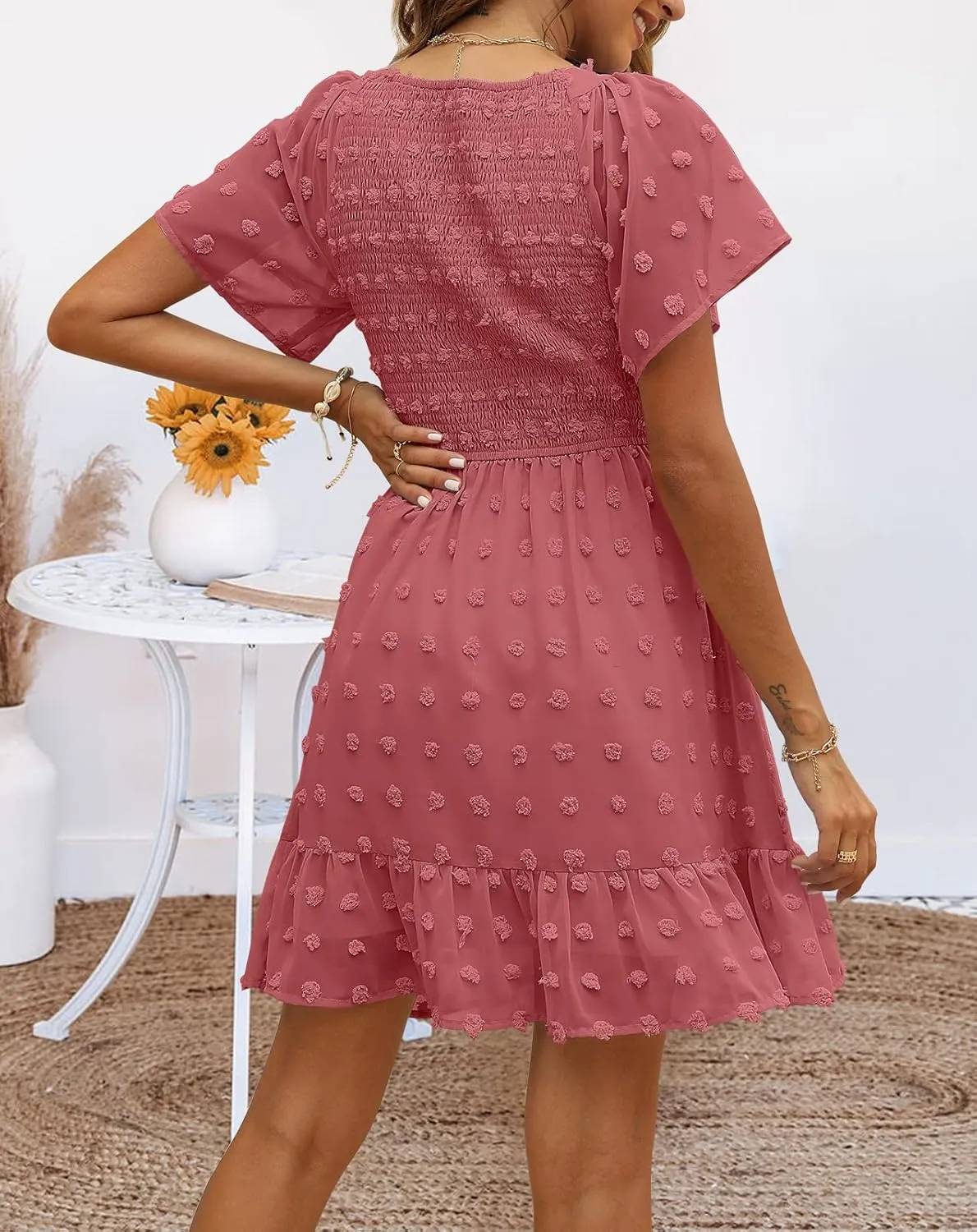 TECREW Womens Smocked Short Sleeve V Neck Mini Dress Summer Swiss Dot Flowy Short Dress