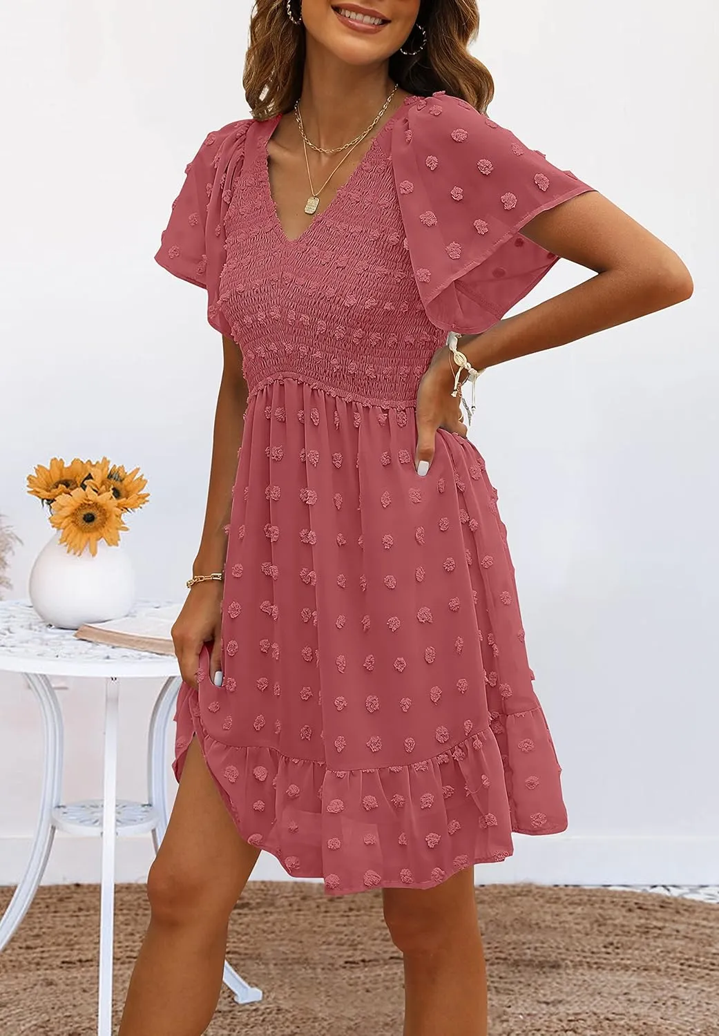 TECREW Womens Smocked Short Sleeve V Neck Mini Dress Summer Swiss Dot Flowy Short Dress