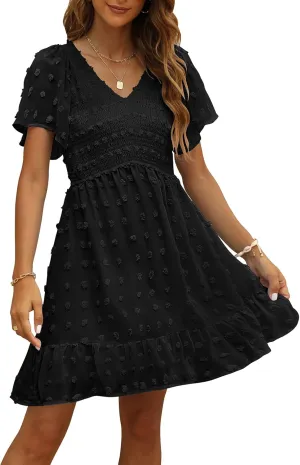 TECREW Womens Smocked Short Sleeve V Neck Mini Dress Summer Swiss Dot Flowy Short Dress