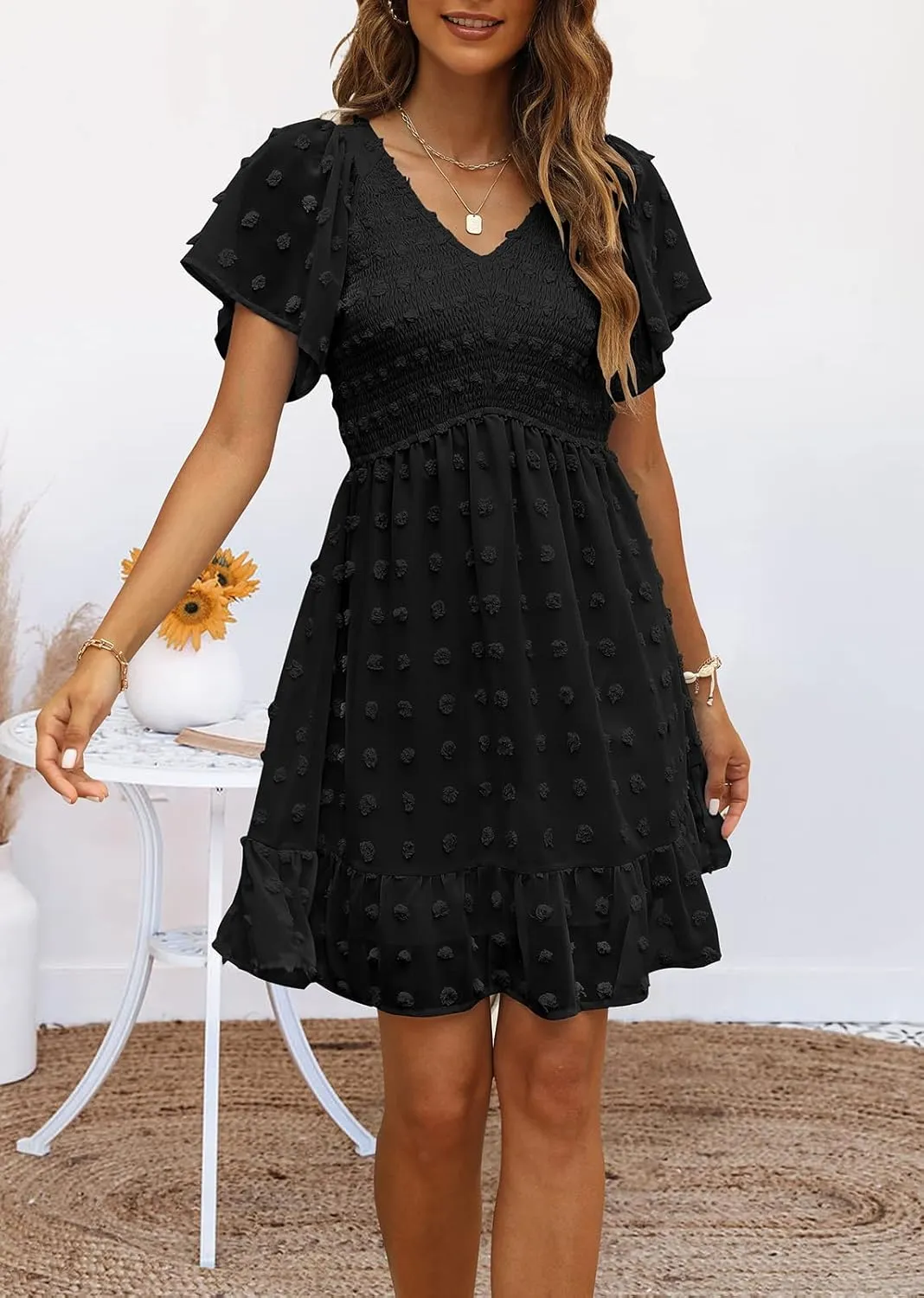 TECREW Womens Smocked Short Sleeve V Neck Mini Dress Summer Swiss Dot Flowy Short Dress