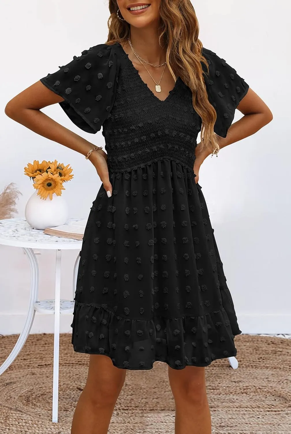 TECREW Womens Smocked Short Sleeve V Neck Mini Dress Summer Swiss Dot Flowy Short Dress