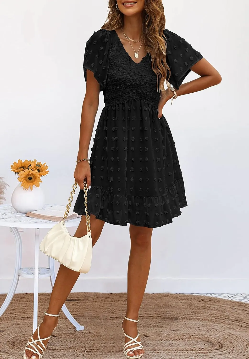 TECREW Womens Smocked Short Sleeve V Neck Mini Dress Summer Swiss Dot Flowy Short Dress