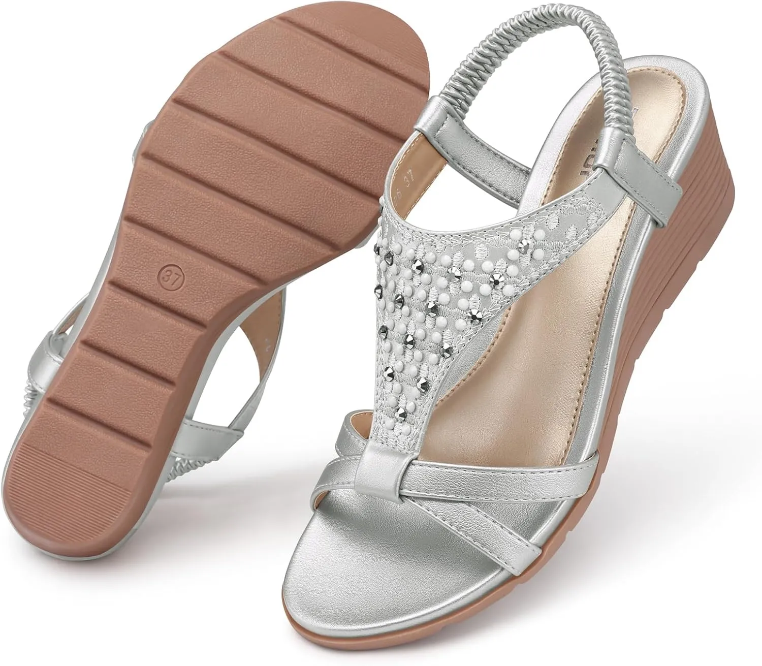 TEMOFON Women's Low Wedge Heels Summer Dressy Platform Sandals Elastic Ankle Strap Open Toe Flower Shoes
