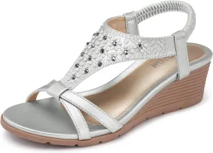 TEMOFON Women's Low Wedge Heels Summer Dressy Platform Sandals Elastic Ankle Strap Open Toe Flower Shoes