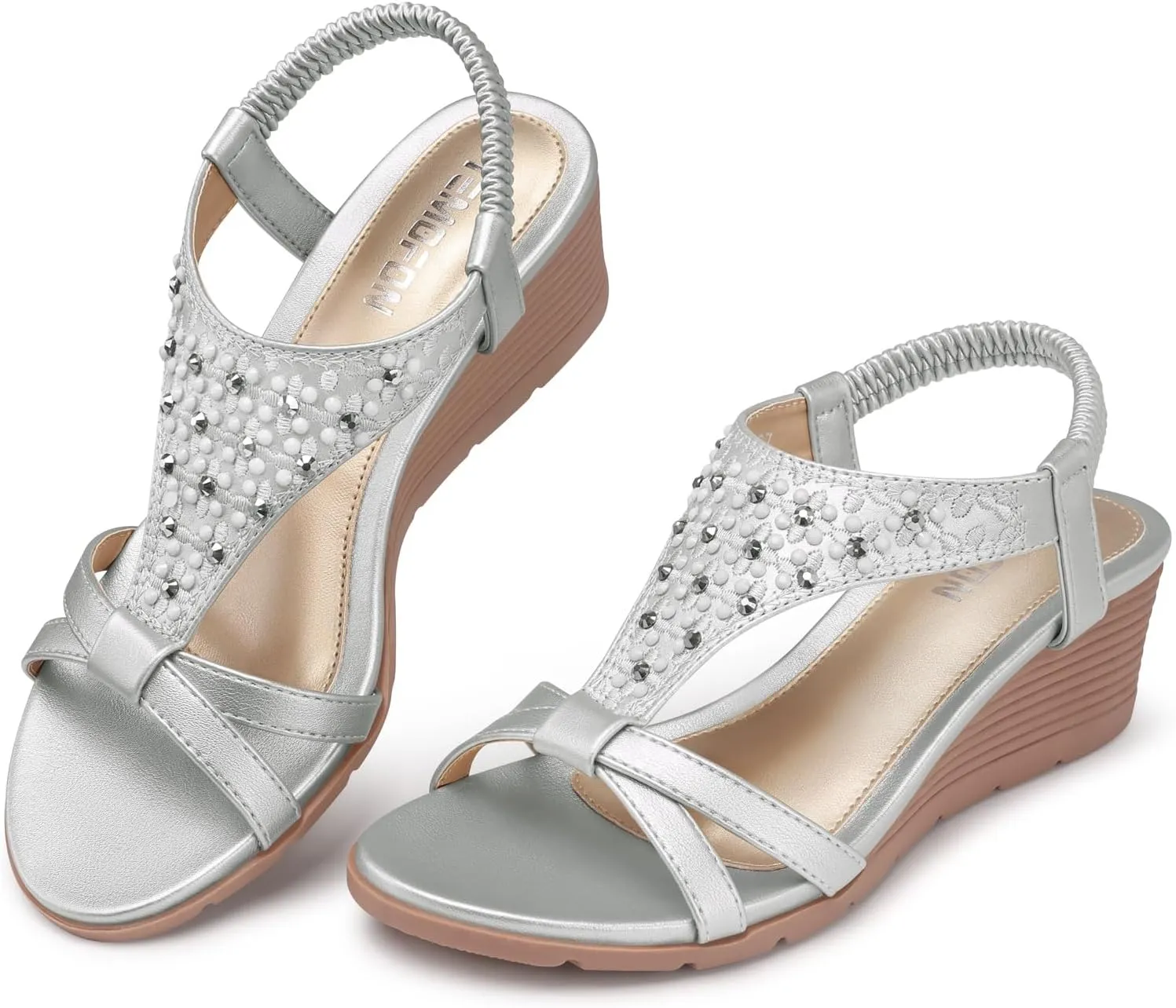 TEMOFON Women's Low Wedge Heels Summer Dressy Platform Sandals Elastic Ankle Strap Open Toe Flower Shoes