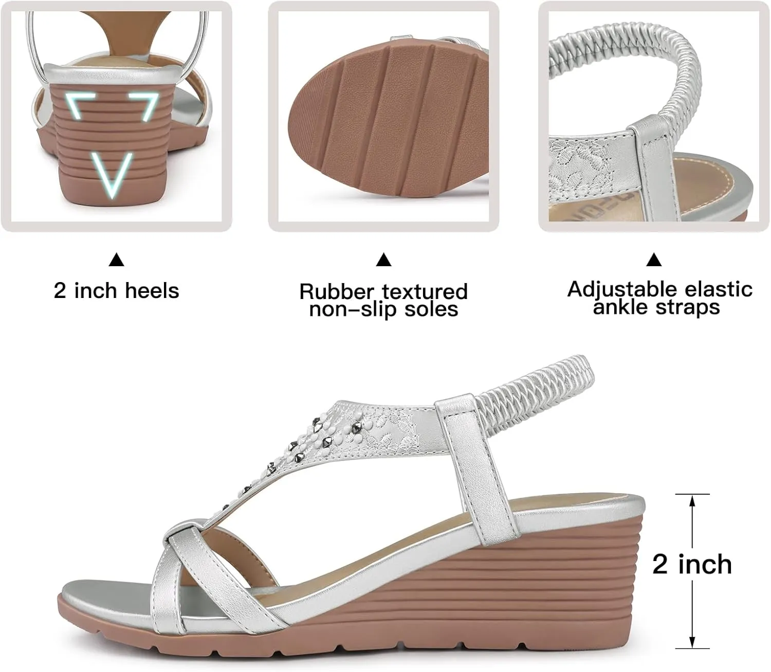 TEMOFON Women's Low Wedge Heels Summer Dressy Platform Sandals Elastic Ankle Strap Open Toe Flower Shoes