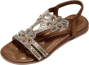Thong Sandals for Women Rhinestones Elastic Band Flip Flops Flats Ladies Boho Summer Low Heel Shoes Flat Sandal for Women