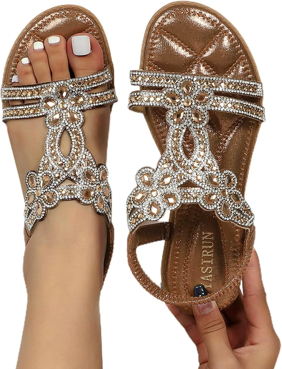Thong Sandals for Women Rhinestones Elastic Band Flip Flops Flats Ladies Boho Summer Low Heel Shoes Flat Sandal for Women