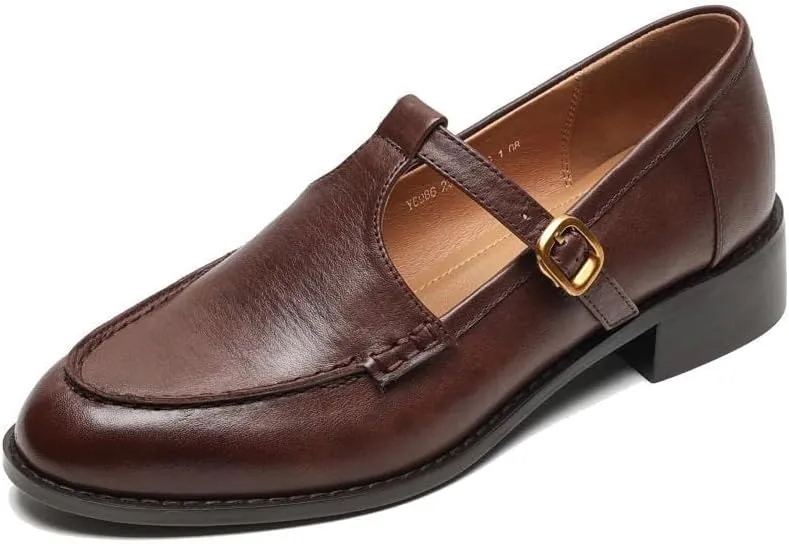 TinaCus Women's Handmade Genuine Leather Round Toe T-Strap Buckle Mary Jane Pumps Shoes