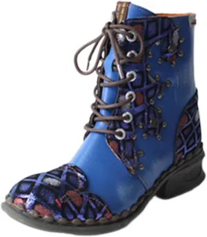 TMA EYES Women's Ankle Booties Lace Up Combat Boot Geometric Pattern With Leather Stitching Shoes