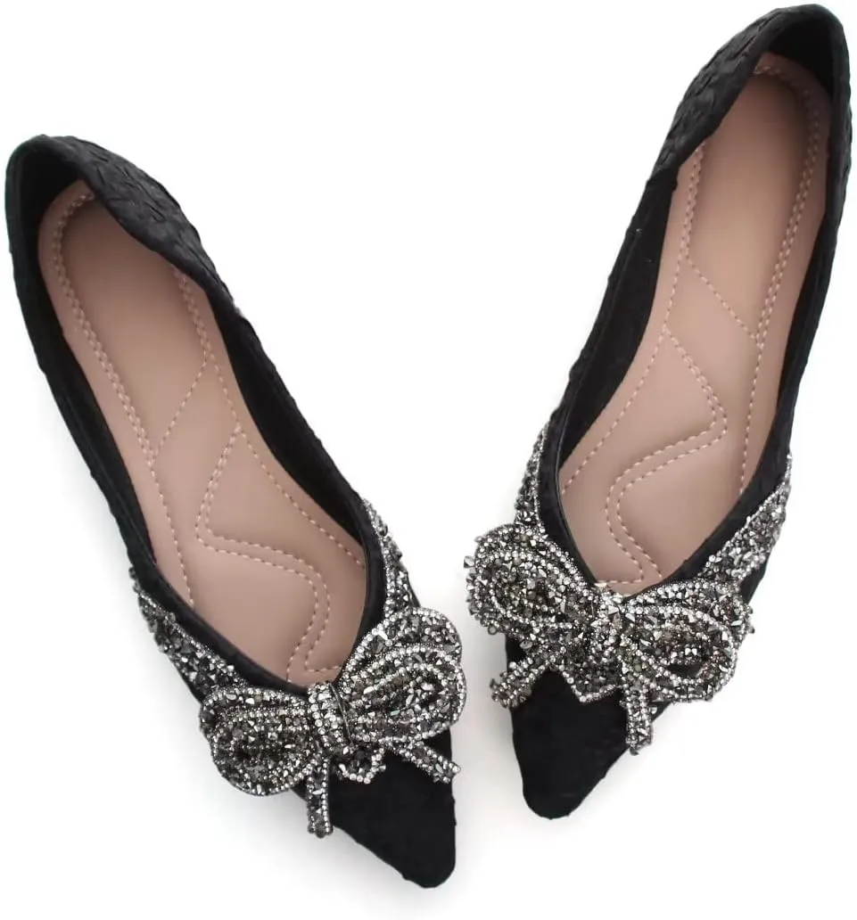 TN TANGNEST Womens Bowknot Ballet Pointed Toe Shiny Dress Shoes Cute Slip On Loafers Comfortable Wedding Flats