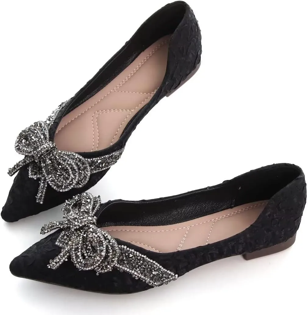 TN TANGNEST Womens Bowknot Ballet Pointed Toe Shiny Dress Shoes Cute Slip On Loafers Comfortable Wedding Flats
