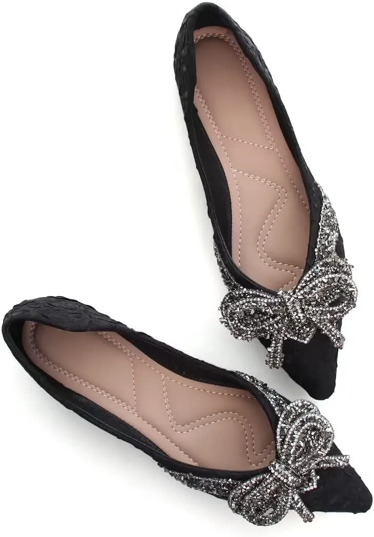 TN TANGNEST Womens Bowknot Ballet Pointed Toe Shiny Dress Shoes Cute Slip On Loafers Comfortable Wedding Flats