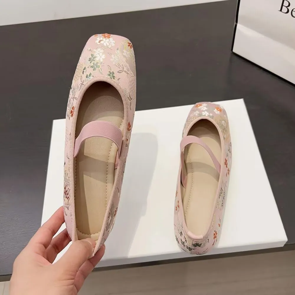 TN TANGNEST Women's Floral Embroidered Vintange Buckle Flat Shoes Round Toe Dress Mary Jane Shoes