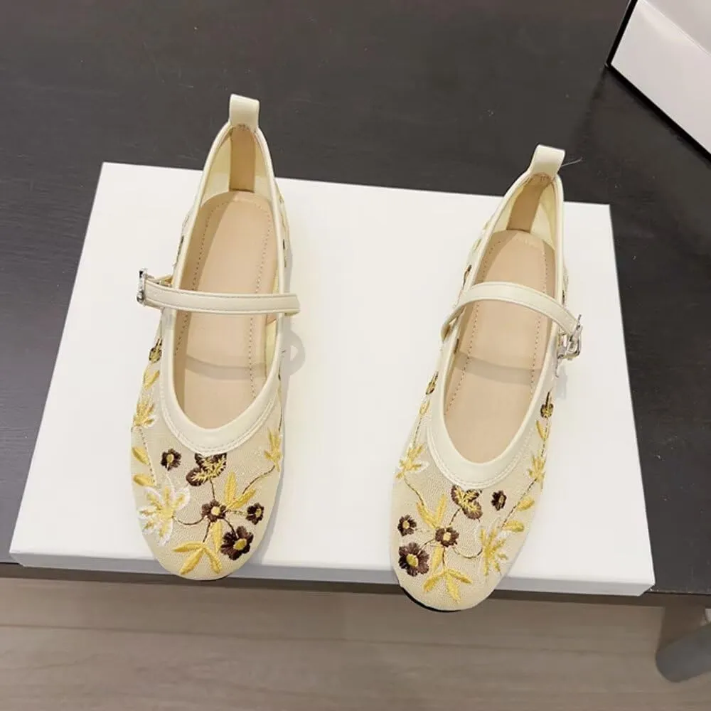 TN TANGNEST Women's Floral Embroidered Vintange Buckle Flat Shoes Round Toe Dress Mary Jane Shoes