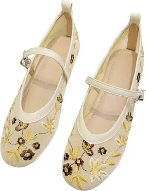 TN TANGNEST Women's Floral Embroidered Vintange Buckle Flat Shoes Round Toe Dress Mary Jane Shoes