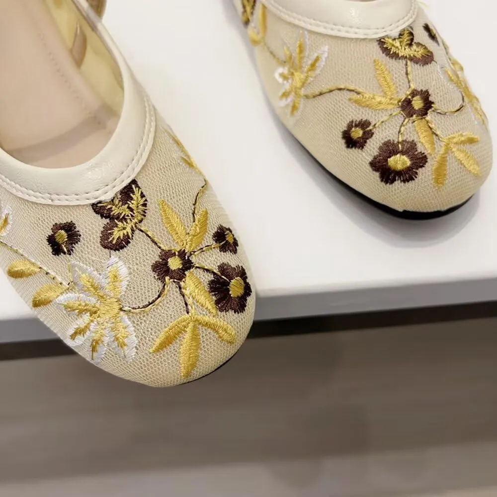 TN TANGNEST Women's Floral Embroidered Vintange Buckle Flat Shoes Round Toe Dress Mary Jane Shoes