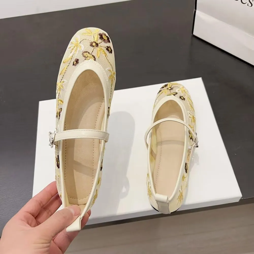 TN TANGNEST Women's Floral Embroidered Vintange Buckle Flat Shoes Round Toe Dress Mary Jane Shoes