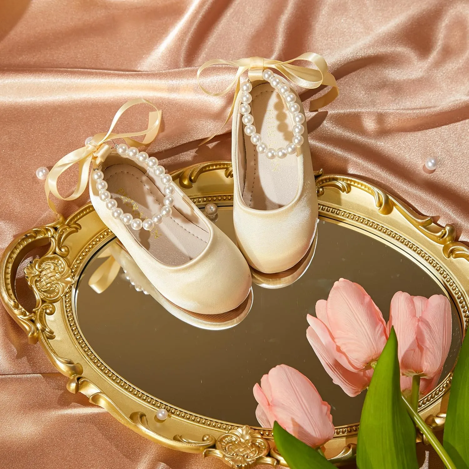 Toddler Flower Girl Dress Shoes - Little Girl Ballet Flats Pearl Strap for Wedding Party