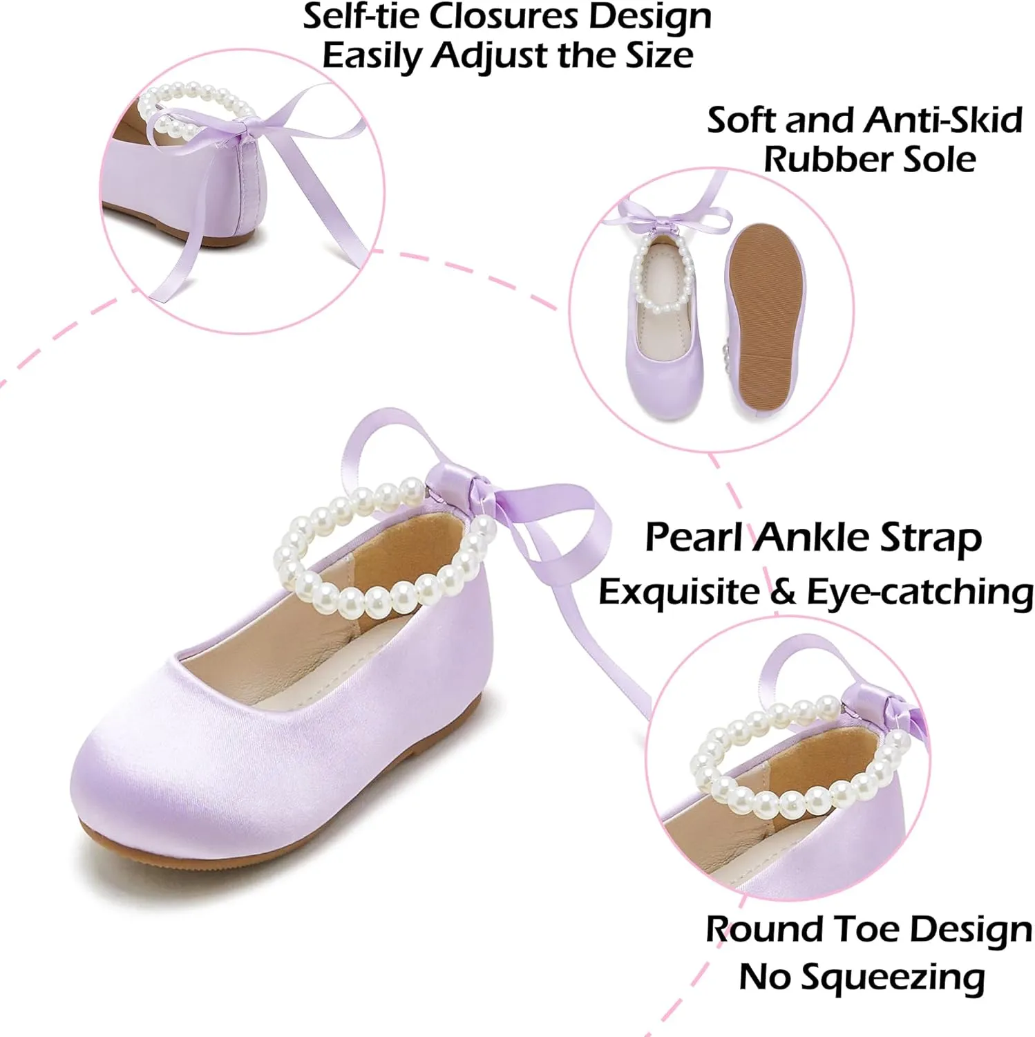 Toddler Flower Girl Dress Shoes - Little Girl Ballet Flats Pearl Strap for Wedding Party