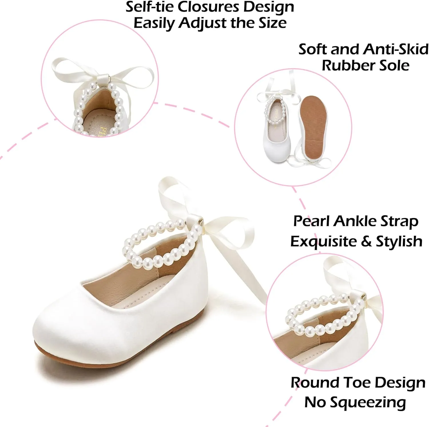 Toddler Flower Girl Dress Shoes - Little Girl Ballet Flats Pearl Strap for Wedding Party