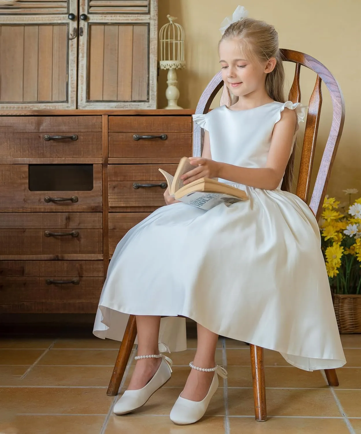 Toddler Flower Girl Dress Shoes - Little Girl Ballet Flats Pearl Strap for Wedding Party