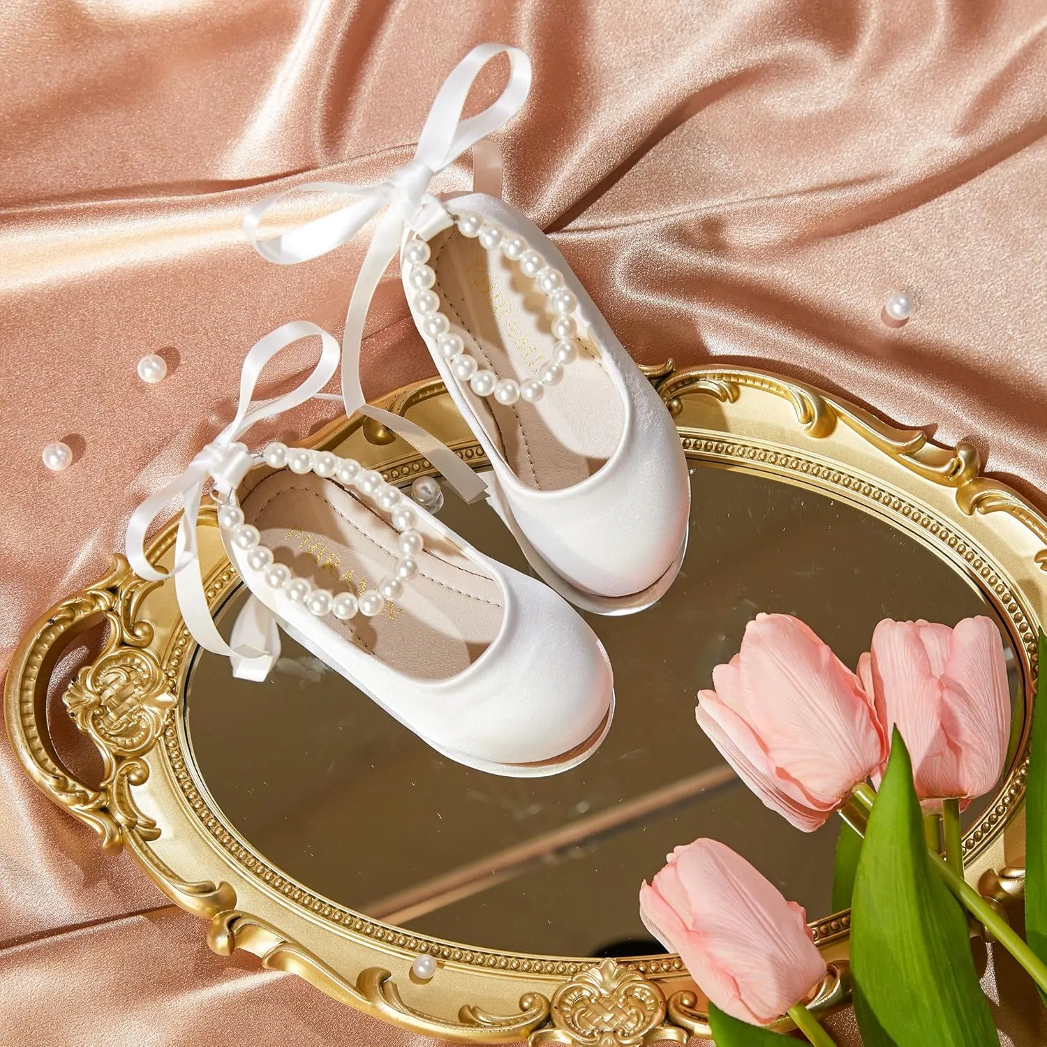 Toddler Flower Girl Dress Shoes - Little Girl Ballet Flats Pearl Strap for Wedding Party