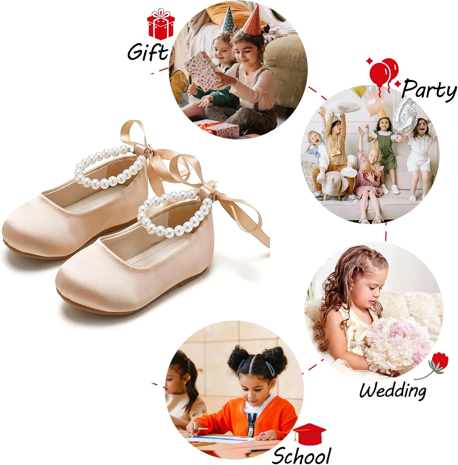 Toddler Flower Girl Dress Shoes - Little Girl Ballet Flats Pearl Strap for Wedding Party