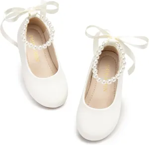 Toddler Flower Girl Dress Shoes - Little Girl Ballet Flats Pearl Strap for Wedding Party