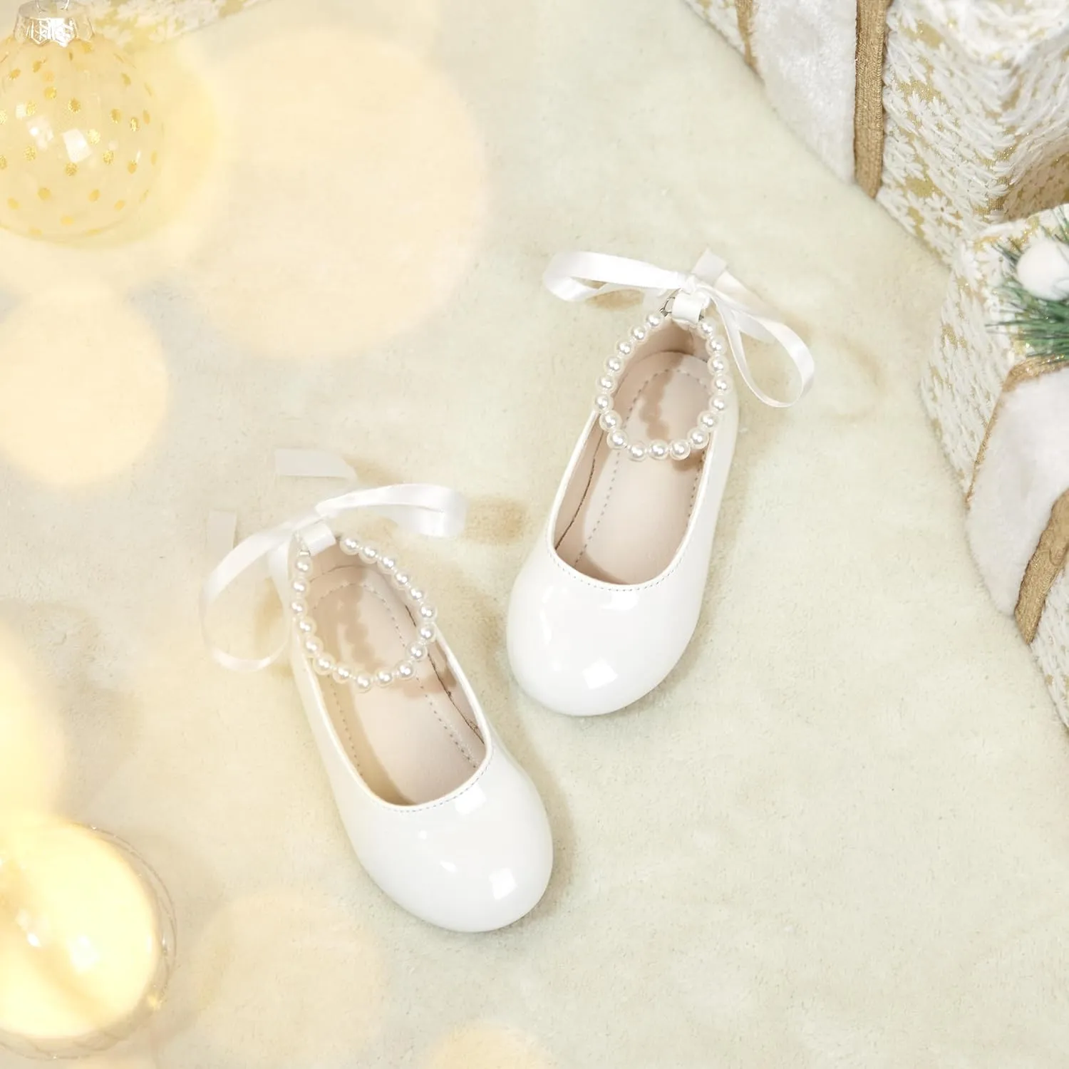 Toddler Flower Girl Dress Shoes - Little Girl Ballet Flats Pearl Strap for Wedding Party